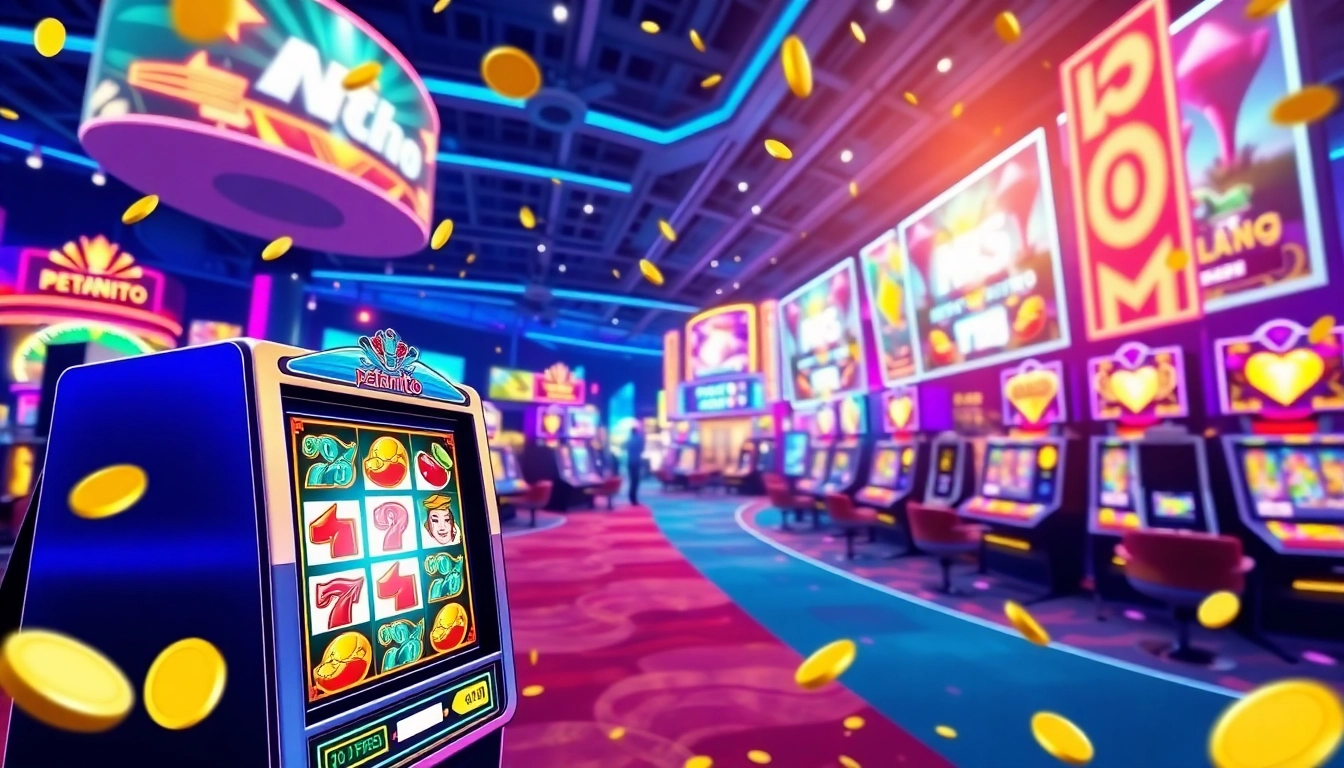 Permainan slot online petanitoto yang menarik dengan suasana kasino yang ceria.