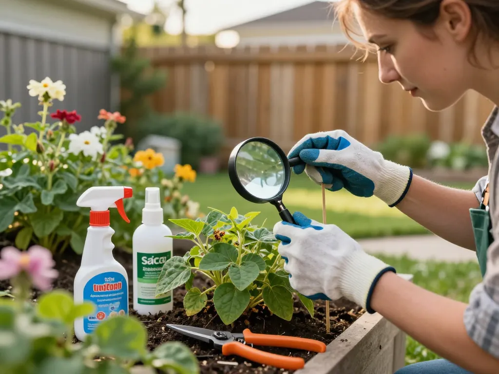 Homeowner practicing pest prevention techniques in a vibrant garden, inspecting plants and using organic repellents.