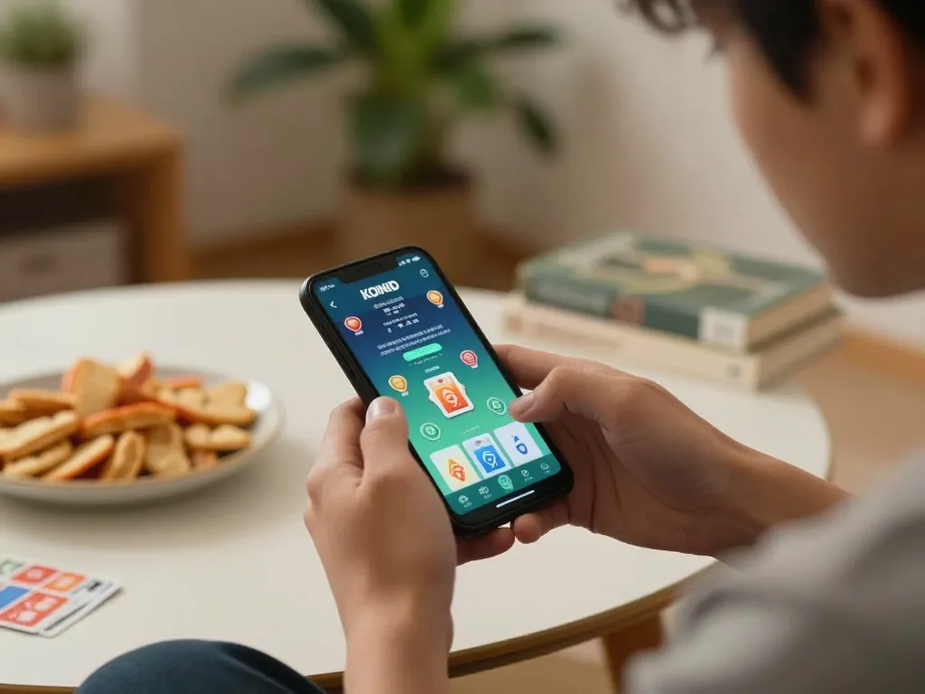 KOINID app showing card game on smartphone, highlighting dynamic gaming experience in a cozy room