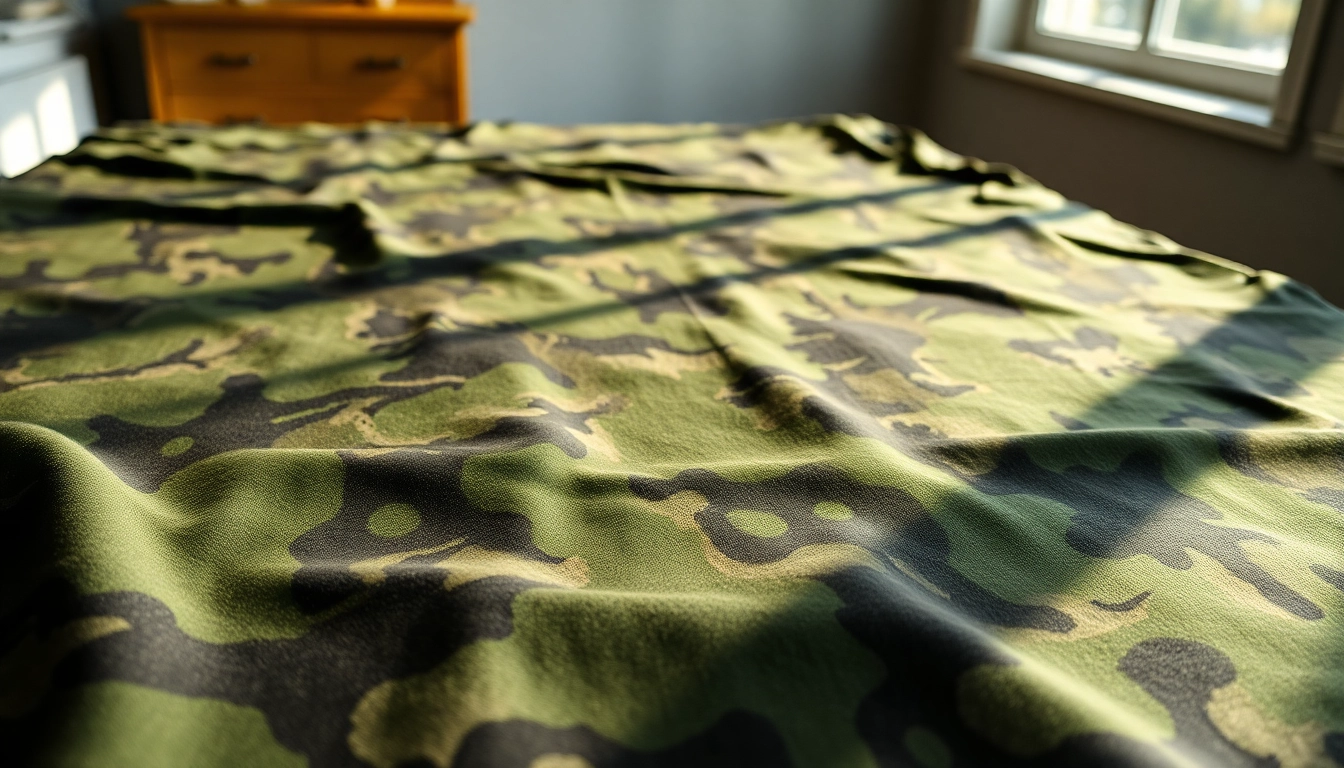 Camouflage stoffen met unieke patronen en natuurlijke kleuren op een tafel.