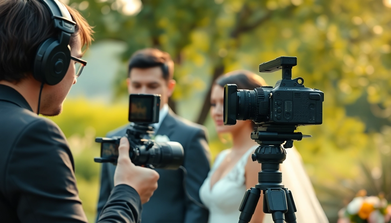 Videographer capturing a beautiful wedding scene with an engaged couple outdoors.