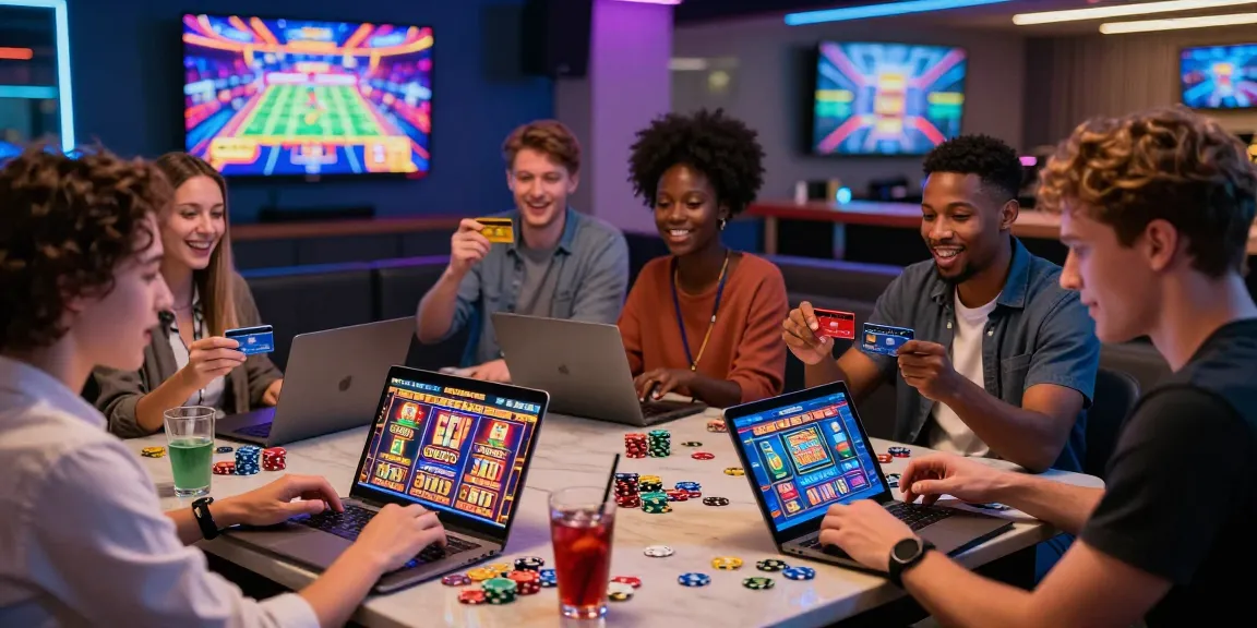 Players enjoying various credit card casinos at an engaging online gaming lounge with colorful slot games and live dealer interactions.