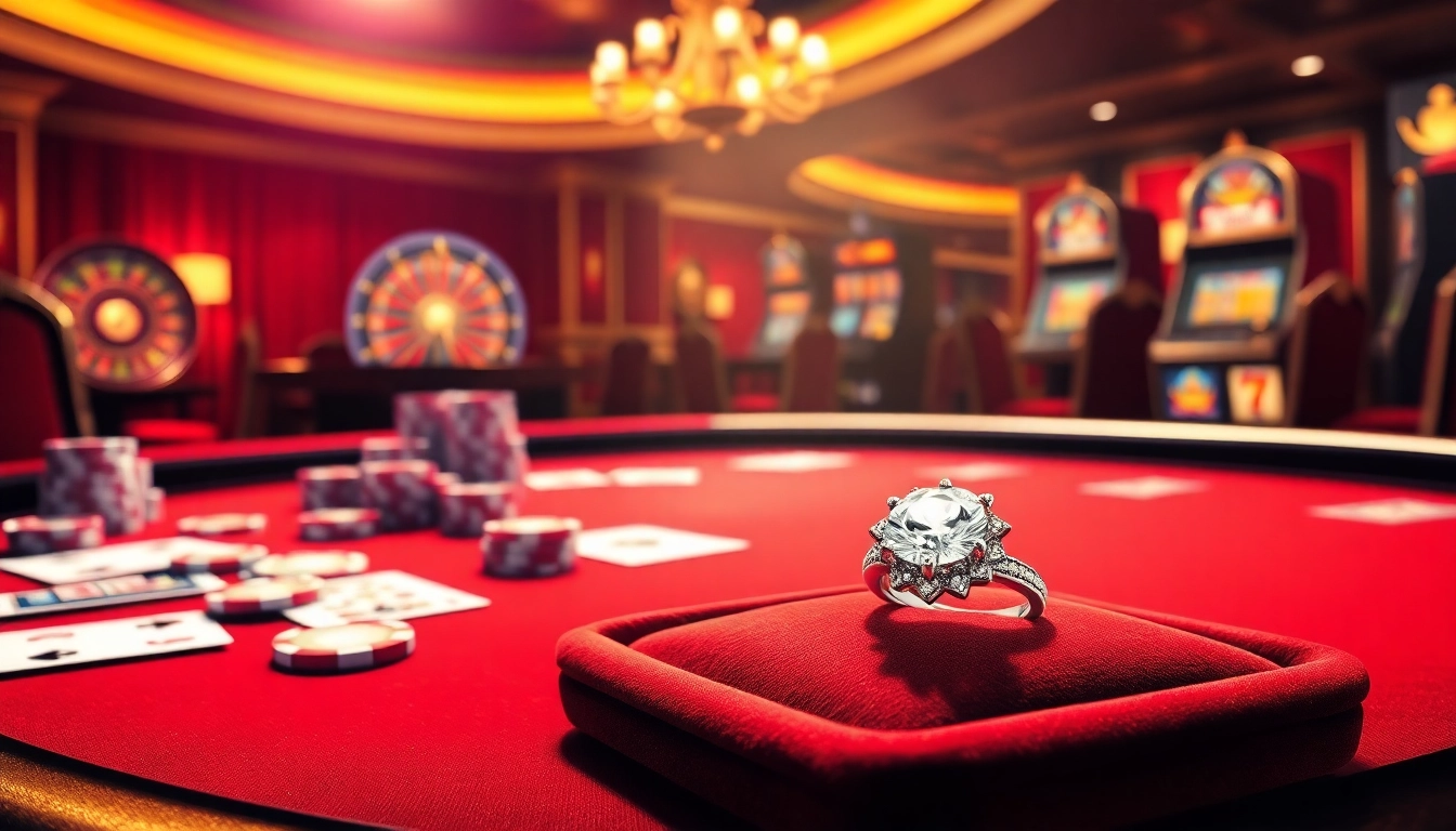This image features an 18K diamond ring set against an elegant casino backdrop, symbolizing winning moments in gambling.
