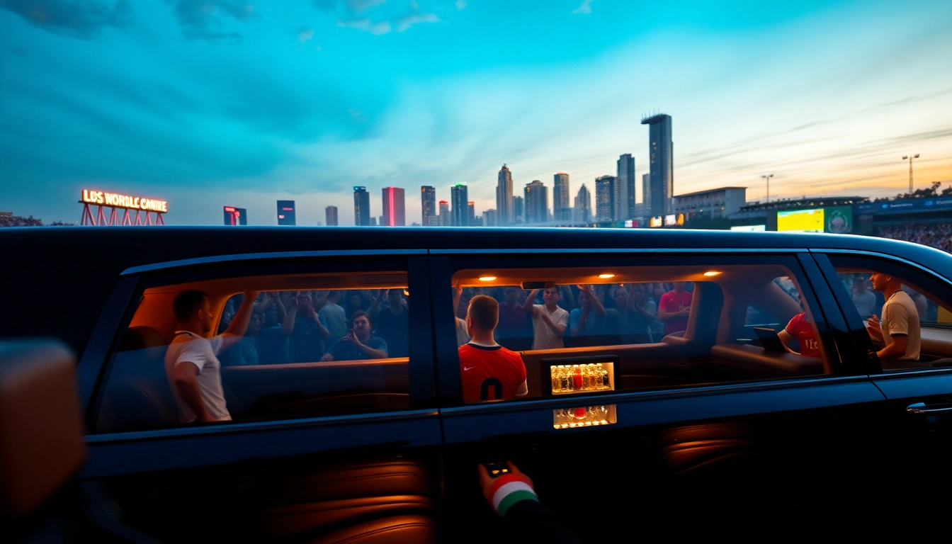 World Cup Group Transportation featuring a luxury limousine outside a stadium in Los Angeles, capturing the vibrant atmosphere of fans.