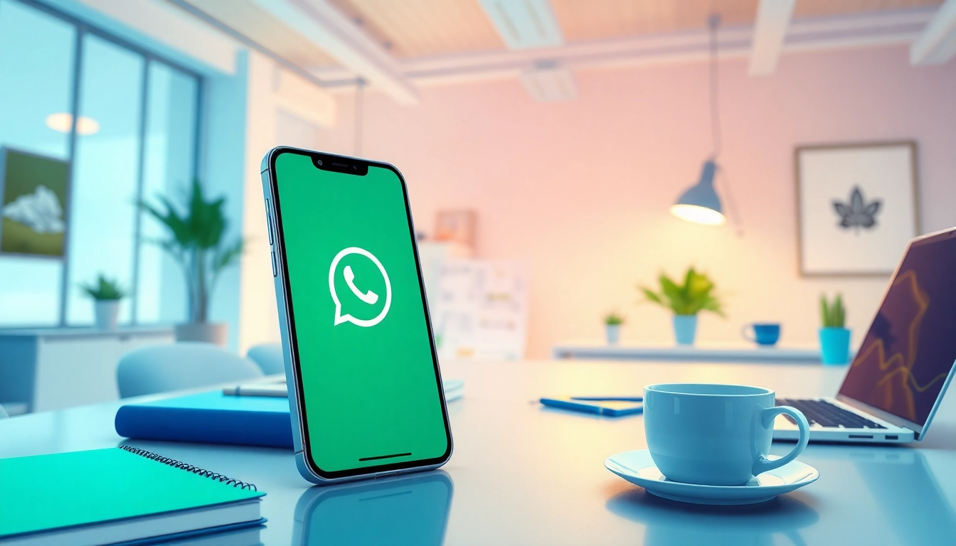 GB WhatsApp app showcased on a smartphone in a modern workspace, illustrating advanced features and customization.