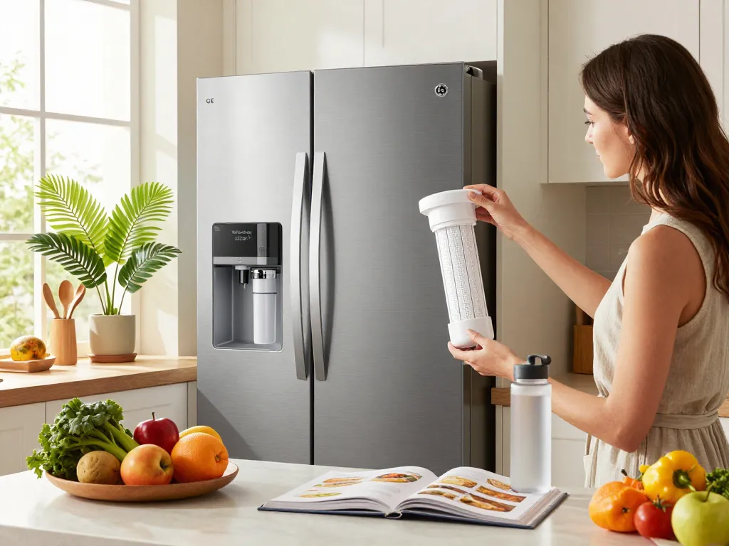 Waterdrop XWF Replacement for GE® XWF Refrigerator featured in a modern kitchen setting, emphasizing clean drinking water and healthy living.