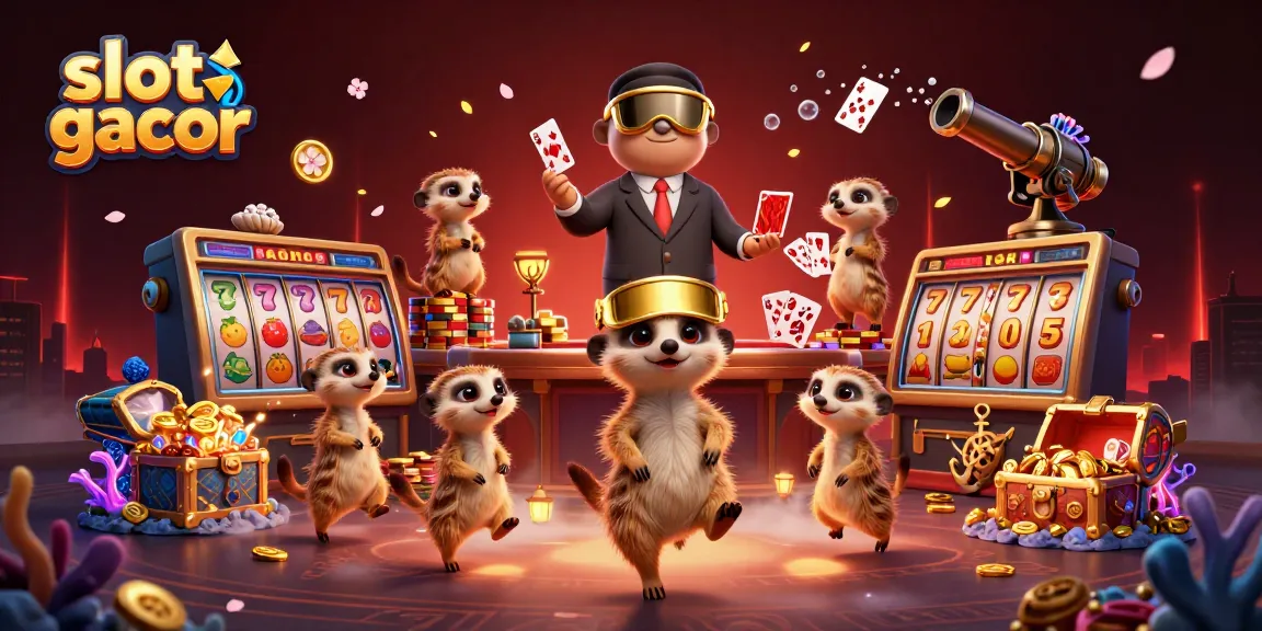 Engage with slot gacor amid lively meerkats orchestrating a vibrant casino scene.