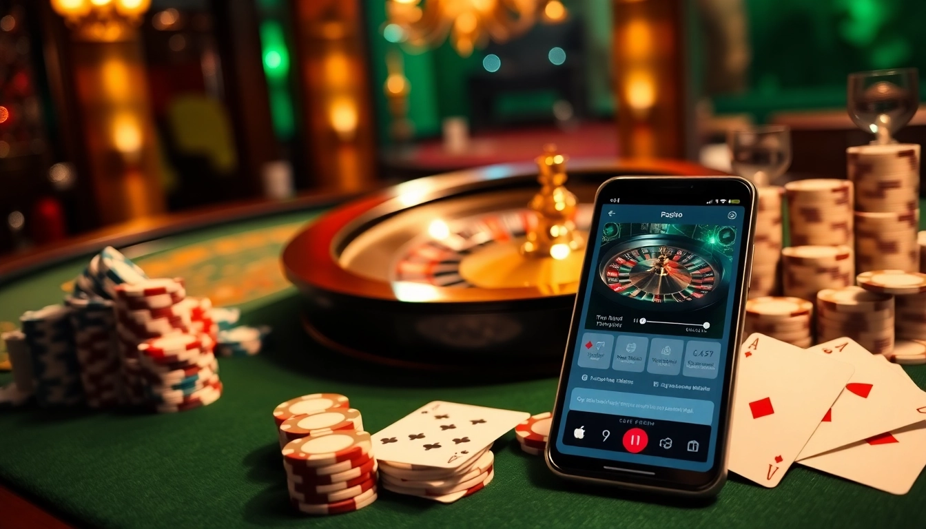 S8 app interface in a glamorous casino setting with roulette, poker chips, and cards.