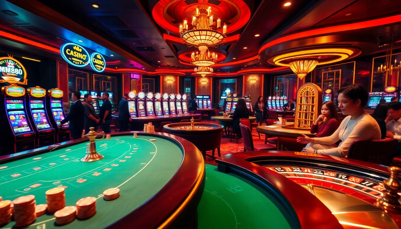 MM88 online casino experience with vibrant slot machines and elegant poker tables in action.