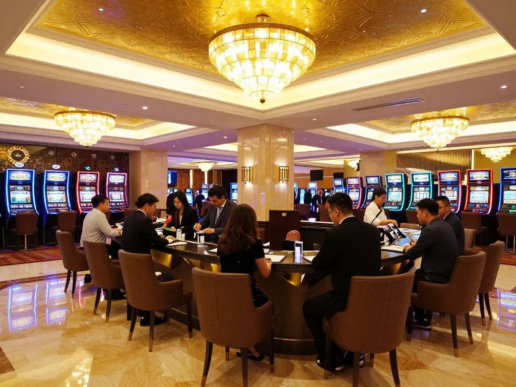 New members engaging at casino registration desk for bonus new member promotions in luxurious setting