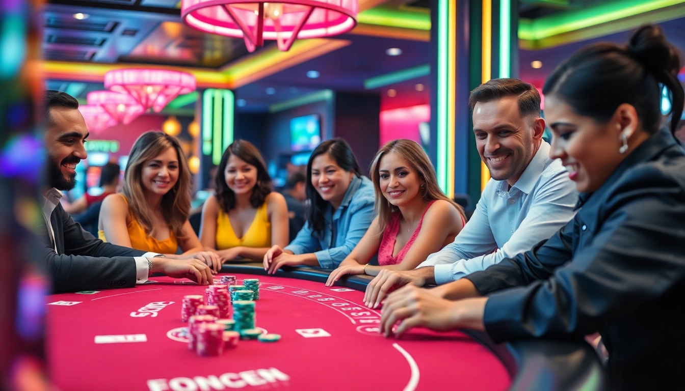 Erleben Sie Casino spielen an einem modernen Spieltisch mit lebhaften Farben und engagierten Spielern.