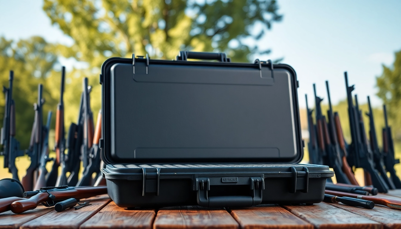Showcase pelican rifle case highlighting its durable features and secure design in a natural outdoor setting.