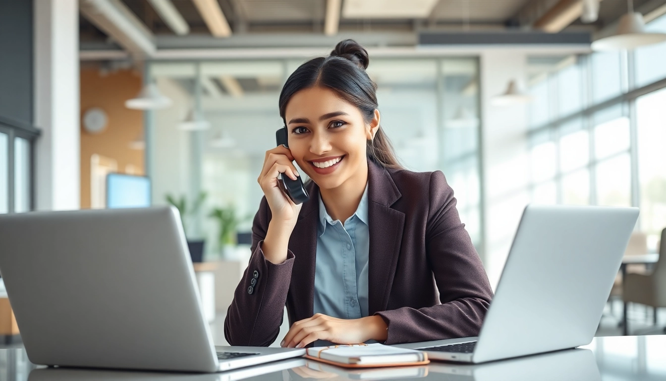 AI Receptionist assisting with a call in a modern office environment.