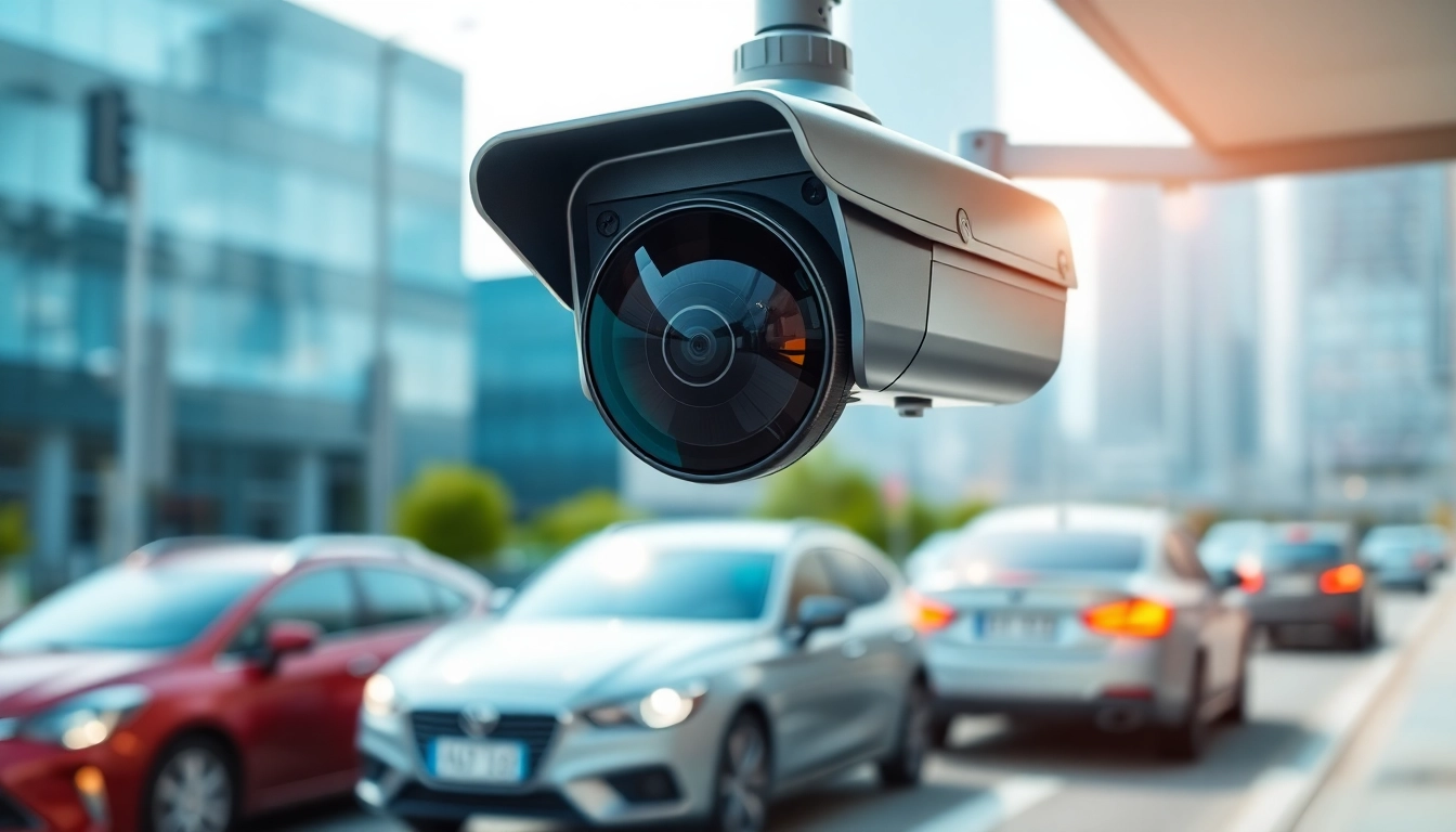 Capture of a license plate recognition camera focusing on a vehicle's plate in a city environment.