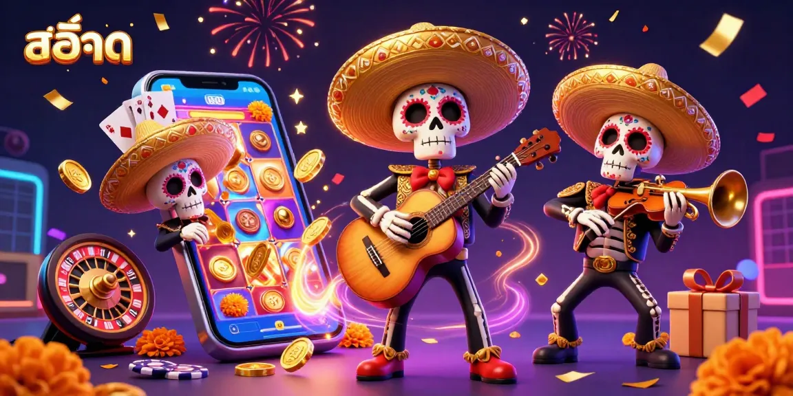 Engage in thrilling สล็อต action with vibrant skeleton mariachi characters surrounded by festive casino elements.