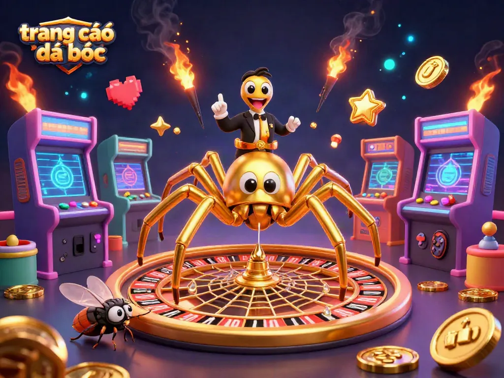 Trang cá độ đá bóng: Nhện vàng 3D quay bánh xe roulette trong không gian sống động.