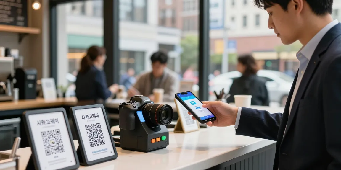Engaging street scene in Chicago where a young professional uses 시카고페이 for seamless mobile payment at a café.