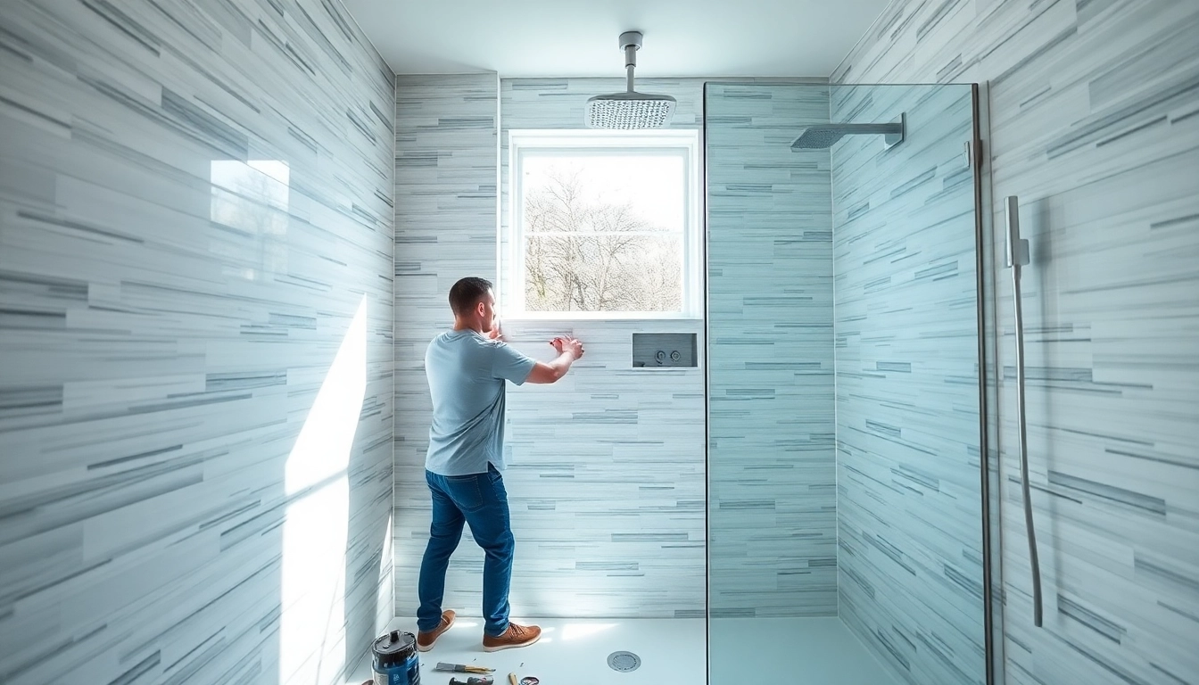 Shower fitter expertly installing a sleek, modern shower unit in a well-lit bathroom.