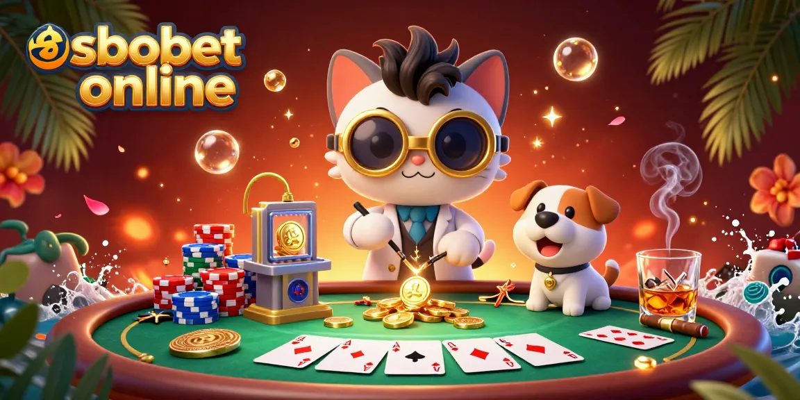 Place bets and win big with sbobet online - vibrant 3D scene of casino action with cartoon characters and poker elements.