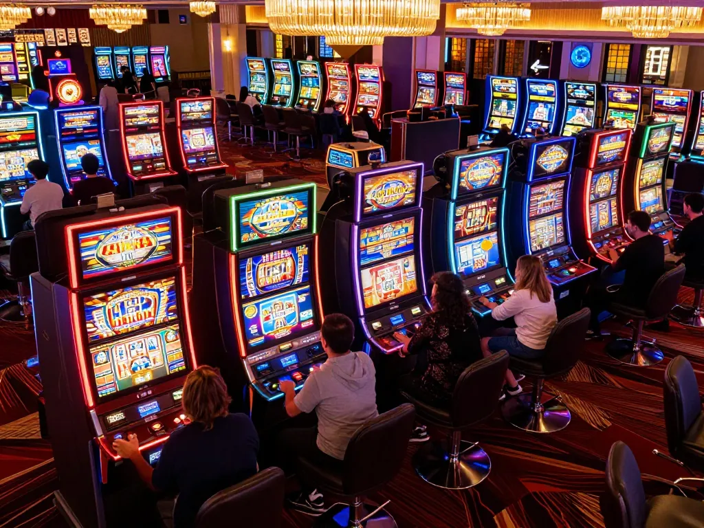 Excited players engaging with depo 10k slot machines in a vibrant casino atmosphere