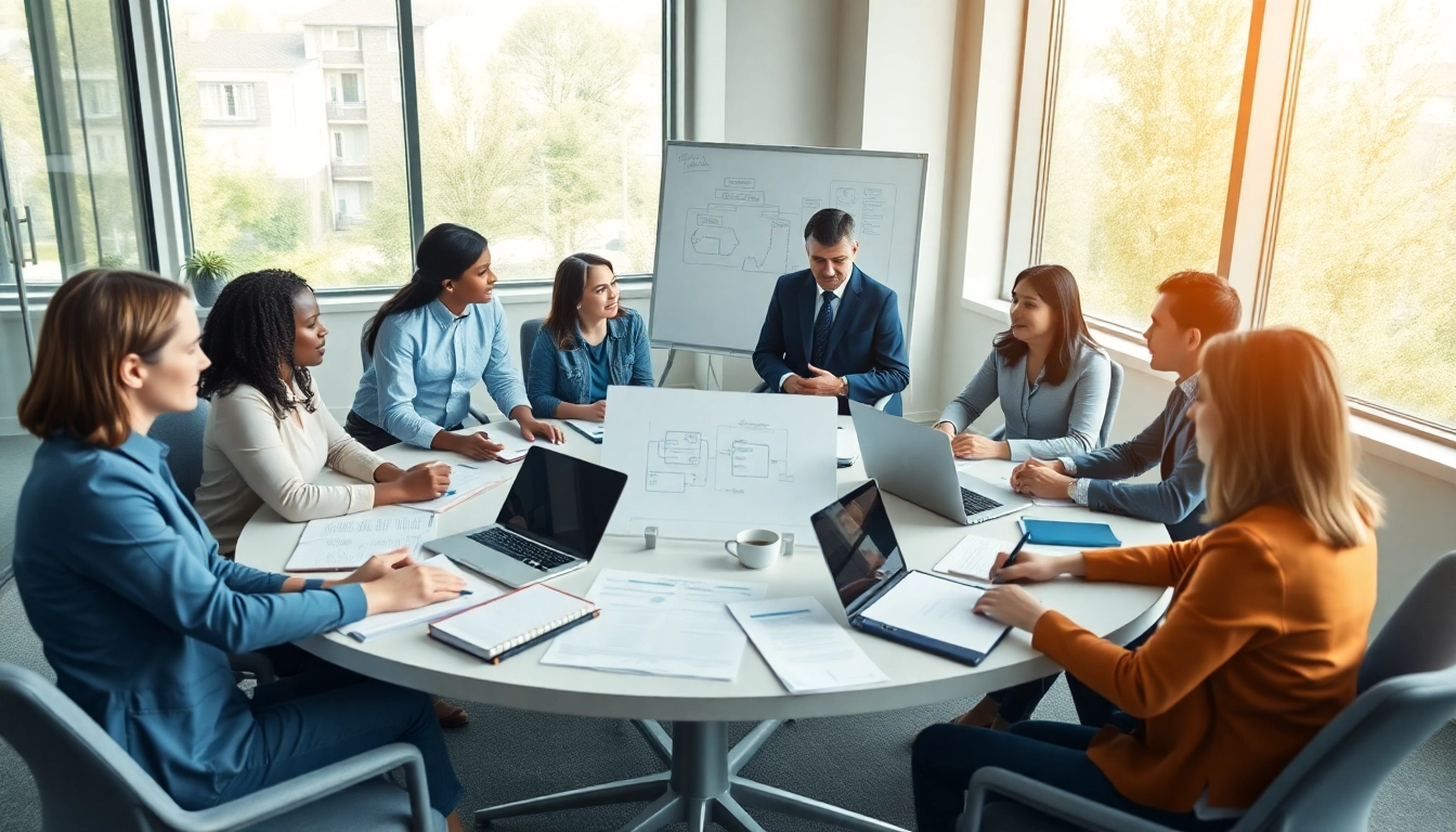 Team strategizing in a dynamic workspace for change management consulting.