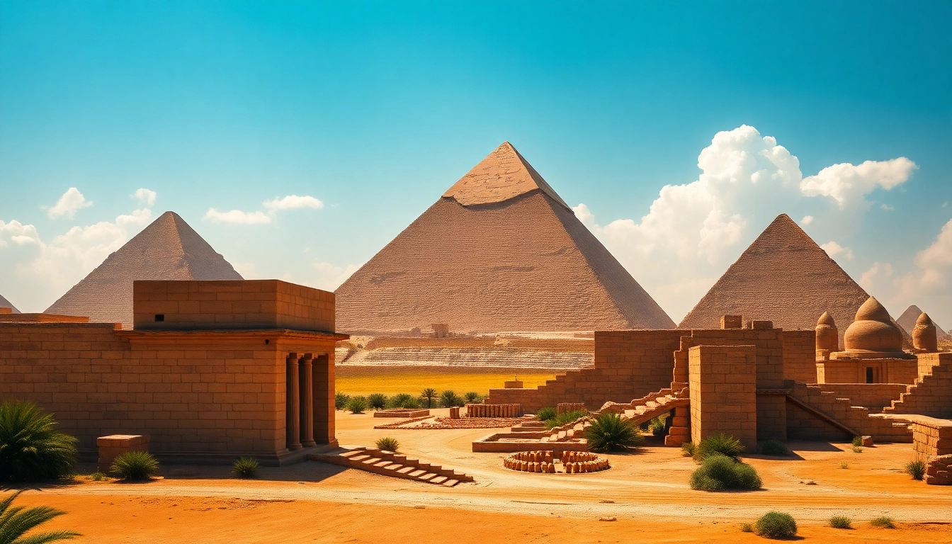 Marvel at the majestic piraminds of Giza, bathed in golden sunlight against a blue sky.