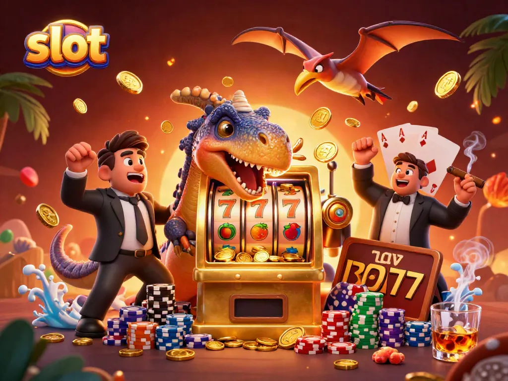 Spinning slot reels erupting with coins as a pachycephalosaurus celebrates a jackpot win.