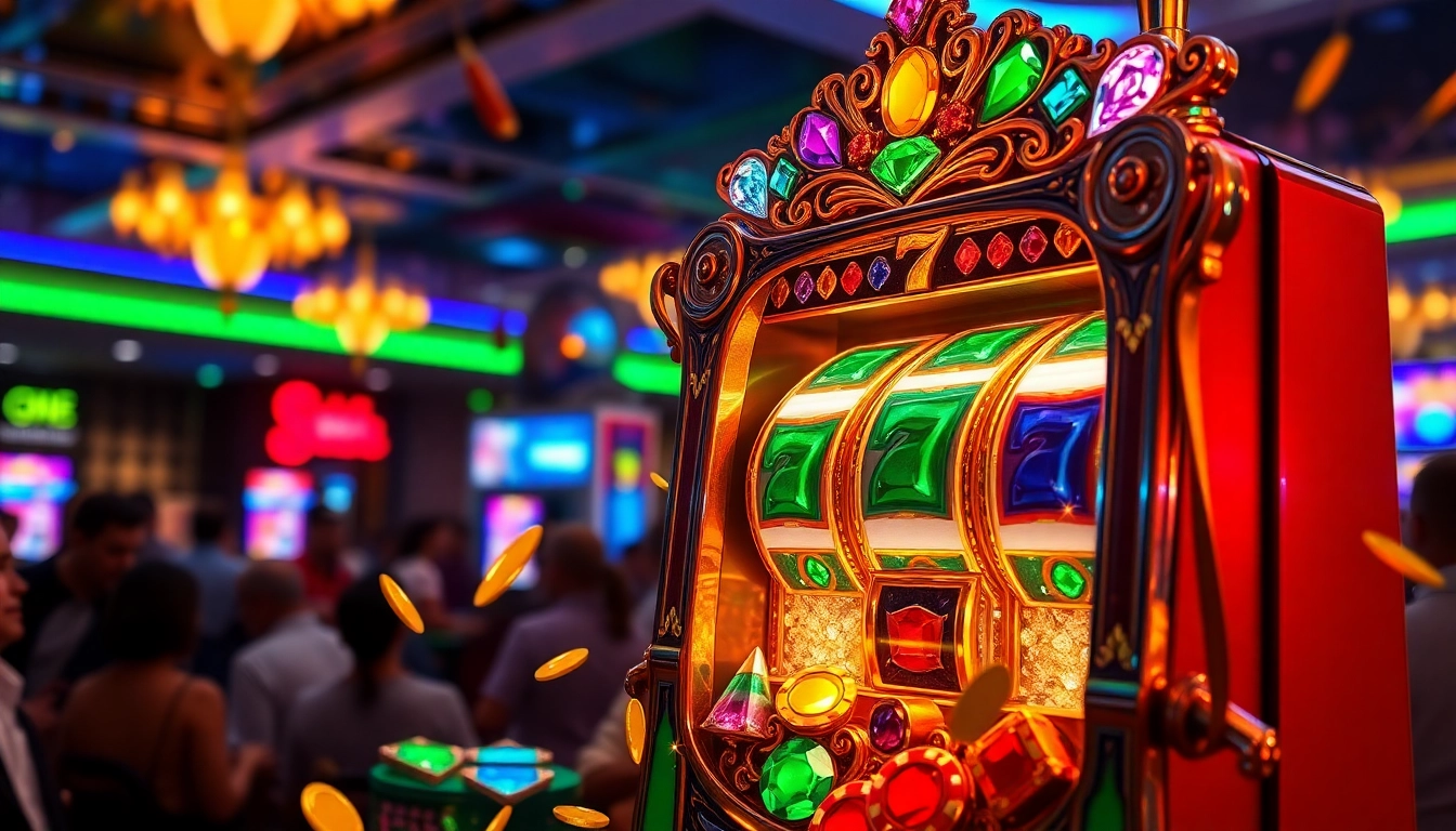 Link jewel4d slot menonjol pada mesin slot bertema permata dalam suasana kasino yang meriah.