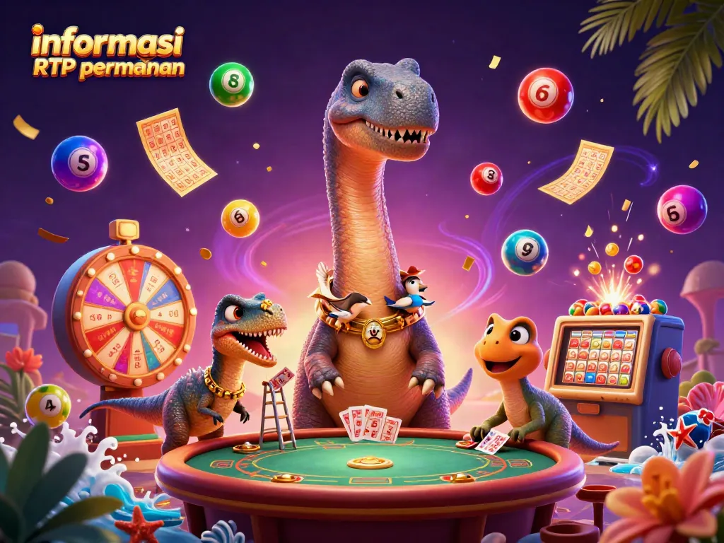 Menampilkan informasi RTP permainan dengan brontosaurus dan raptor dalam kasino yang penuh warna dan dinamis.