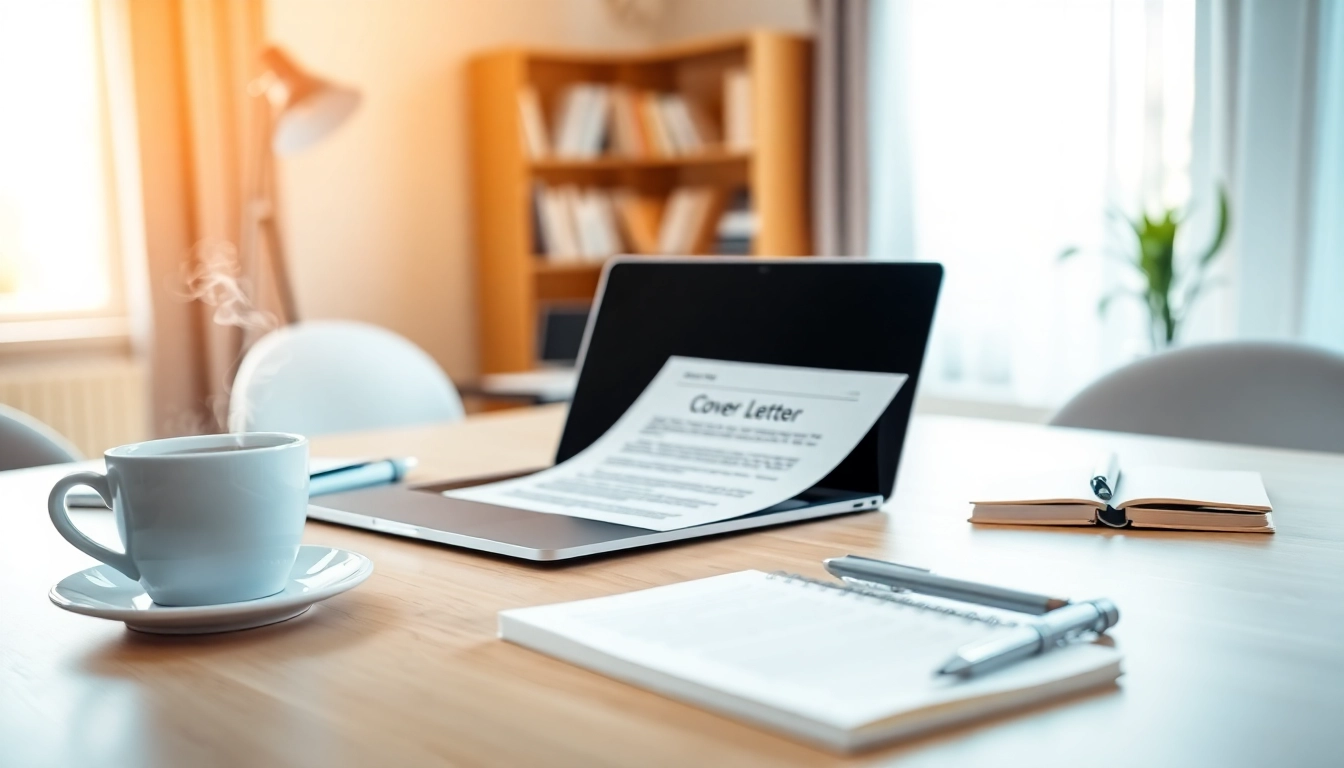 Crafting a professional Cover Letter in an organized workspace with a laptop and coffee.