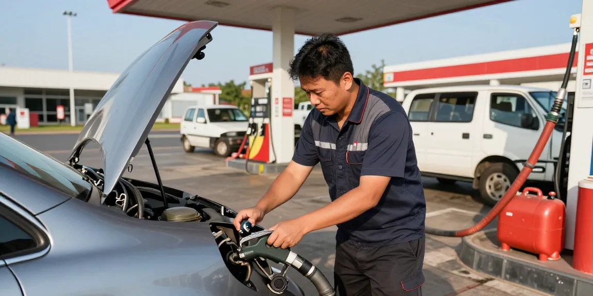 Technician resolving diesel in petrol car issue at fuel station, ensuring quick and safe fuel drainage.
