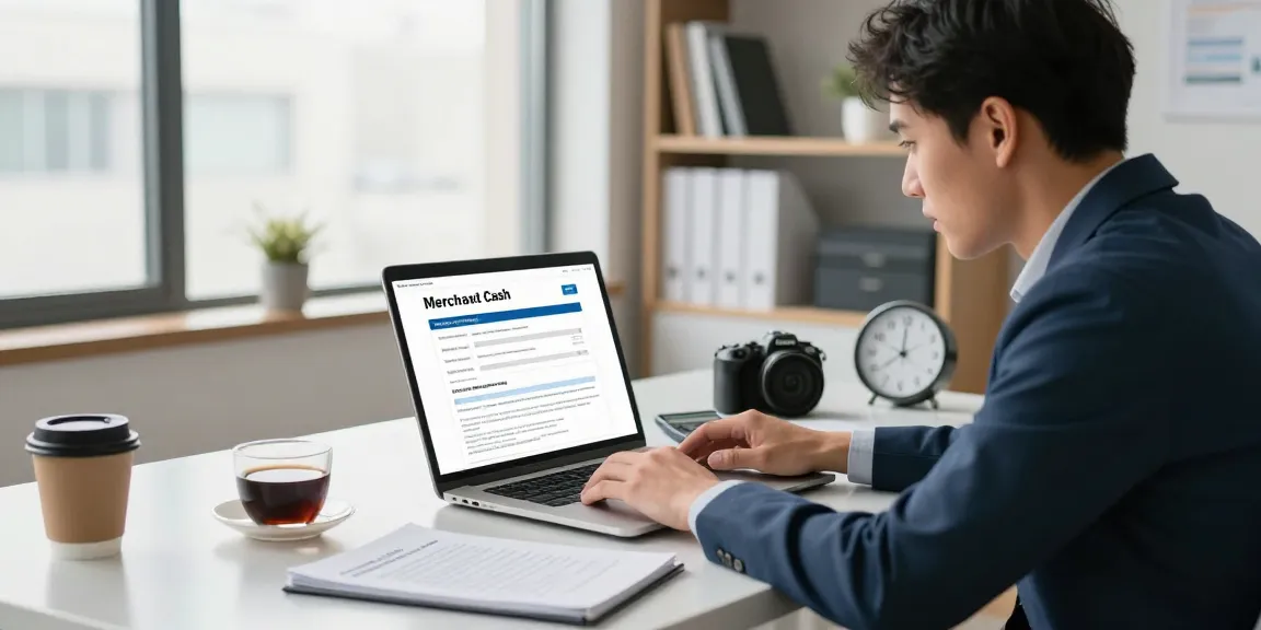 Apply for merchant cash advance with a business owner at a desk reviewing documents and application forms.
