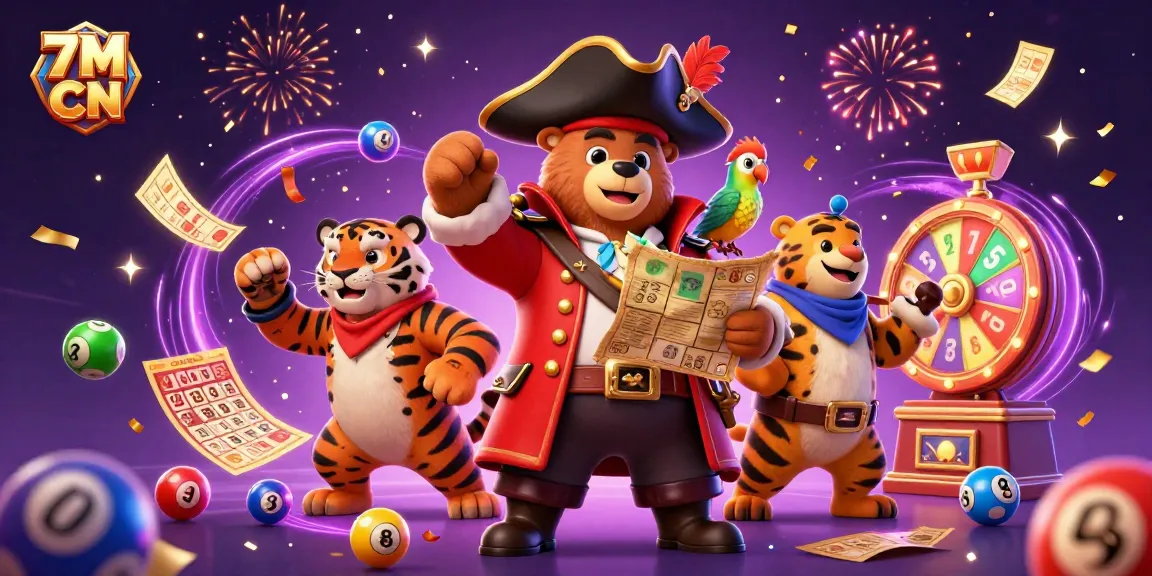 Experience thrilling wins with 7M CN, a vibrant scene of a pirate bear, tiger, and parrot in a lottery celebration.