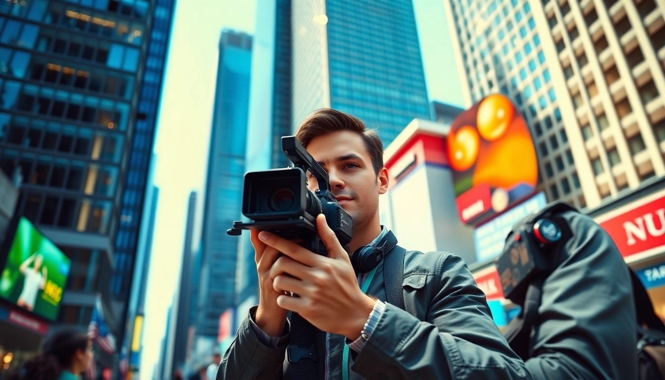 News reporter capturing breaking news in a bustling cityscape.