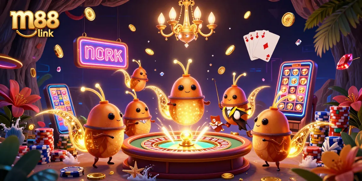 Experience the excitement of m88 link with a captivating casino scene featuring vibrant glowworms and dynamic game elements.