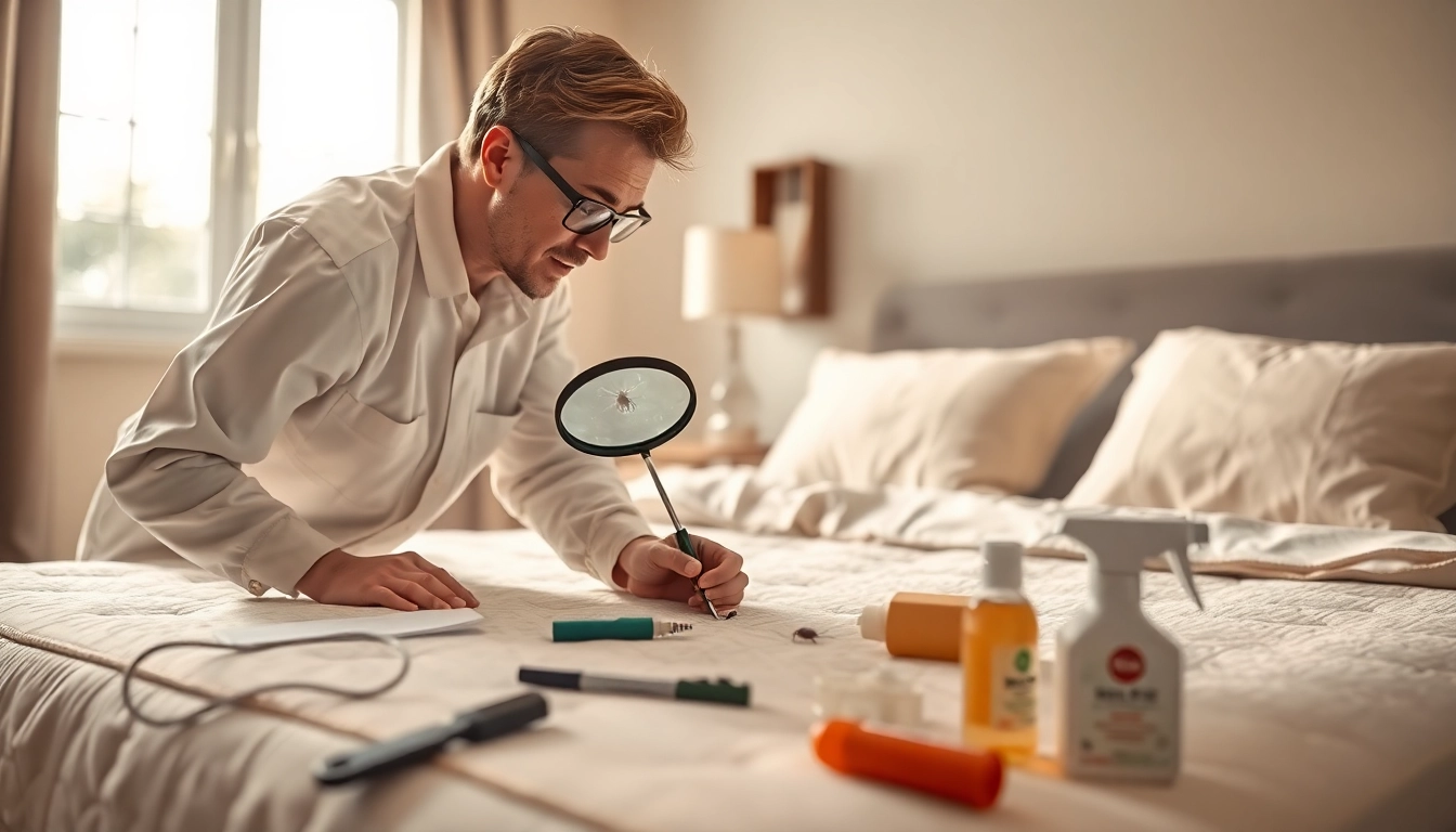 Engaging scene of bed bug removal featuring a professional actively inspecting a mattress.