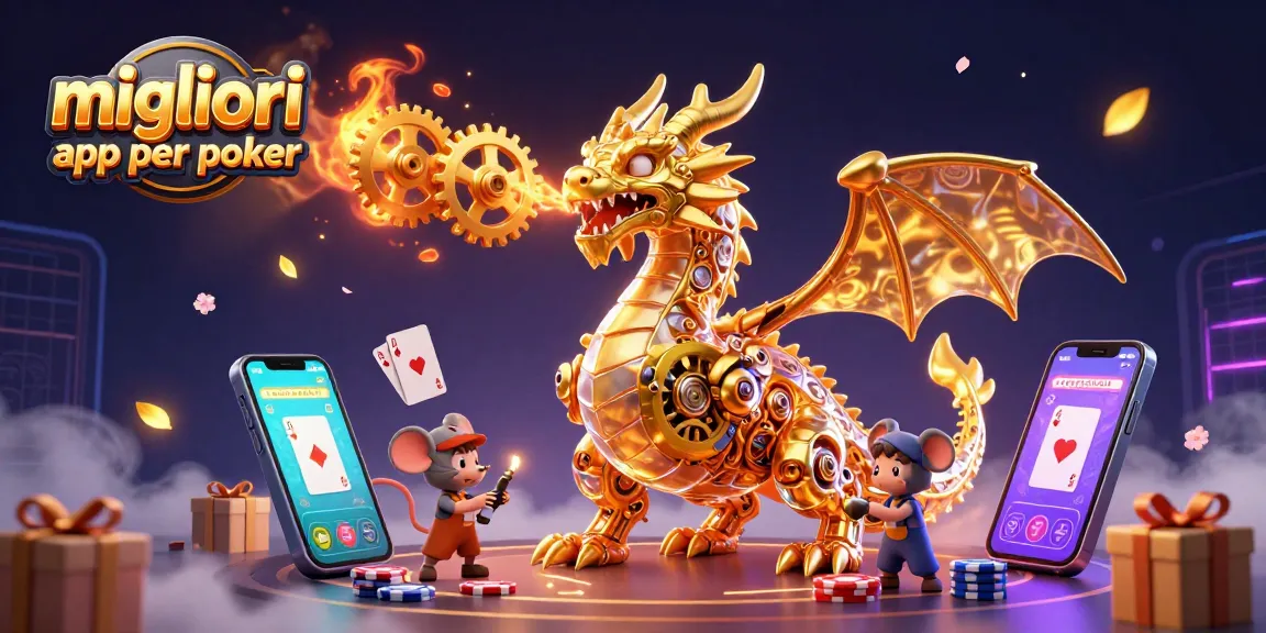 Scopri le migliori app per poker con una scena affascinante e dettagliata di un drago dorato e carte da gioco.