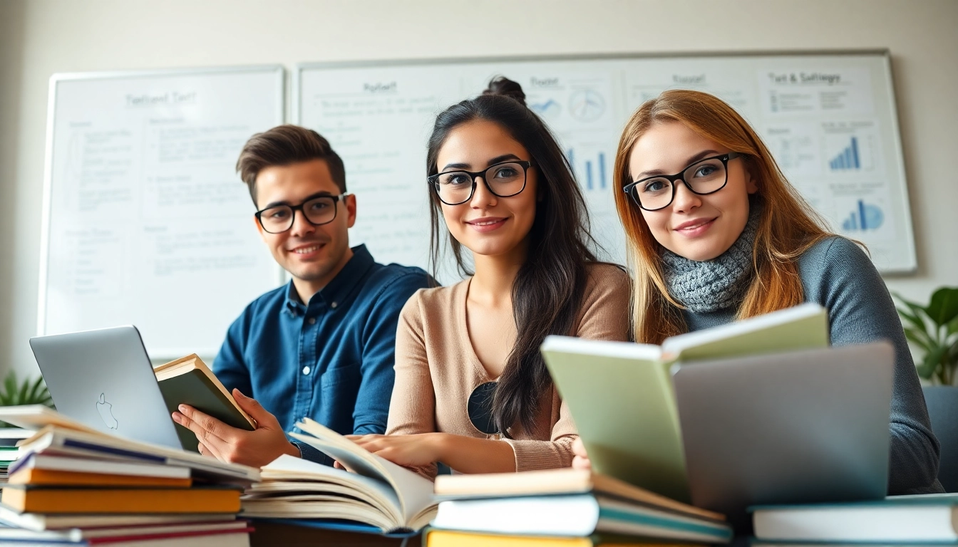 Engaged TOEFL test takers for hire collaborating in a study environment.