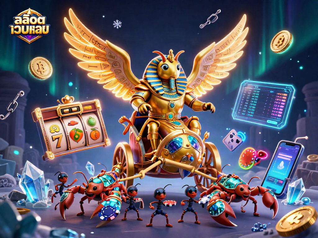 Engage with สล็อตเว็บตรง in a vibrant scene featuring a golden scarab beetle and scorpions amid slot symbols and crypto coins.