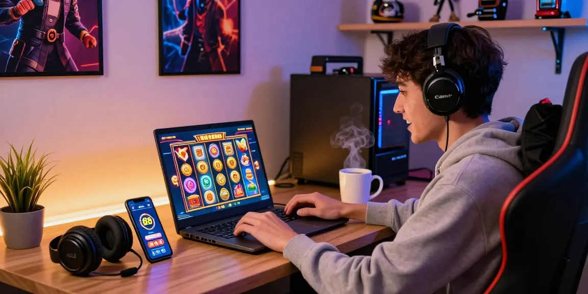 Exciting online gaming moment featuring a player engaged with slot88 on a laptop, cozy gaming environment.