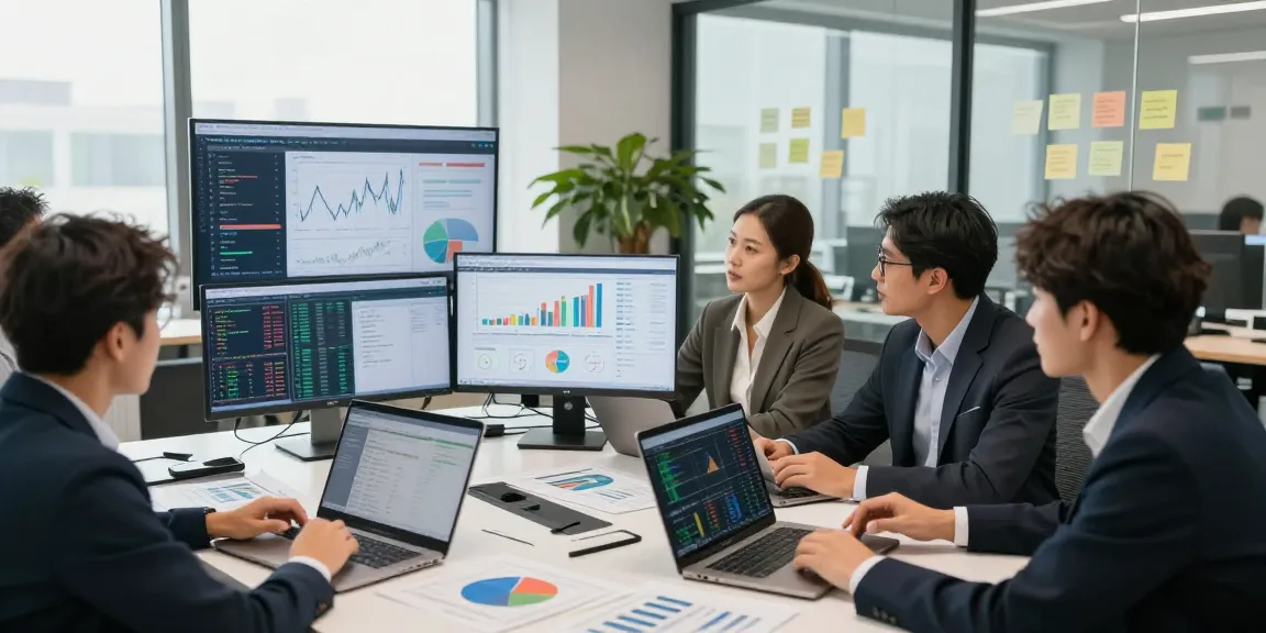 Analyzing financial market analysis tools in a collaborative office setting with diverse professionals.
