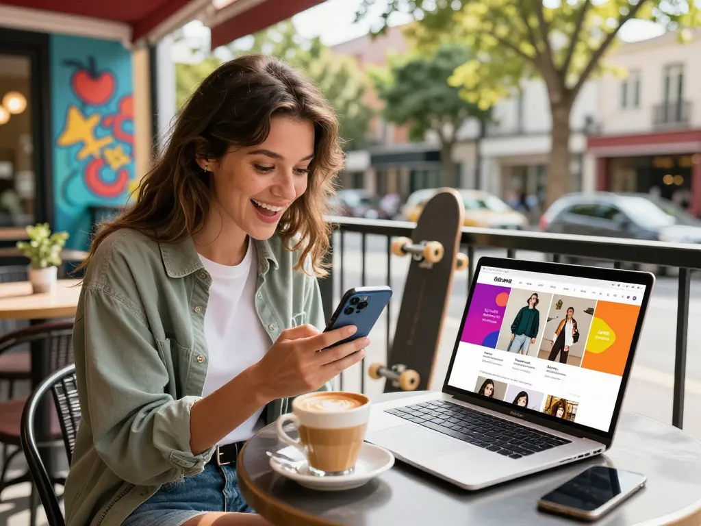 Explore the vibrant e-commerce world at https://hubet88.icu/ with a stylish woman enjoying her online shopping experience.