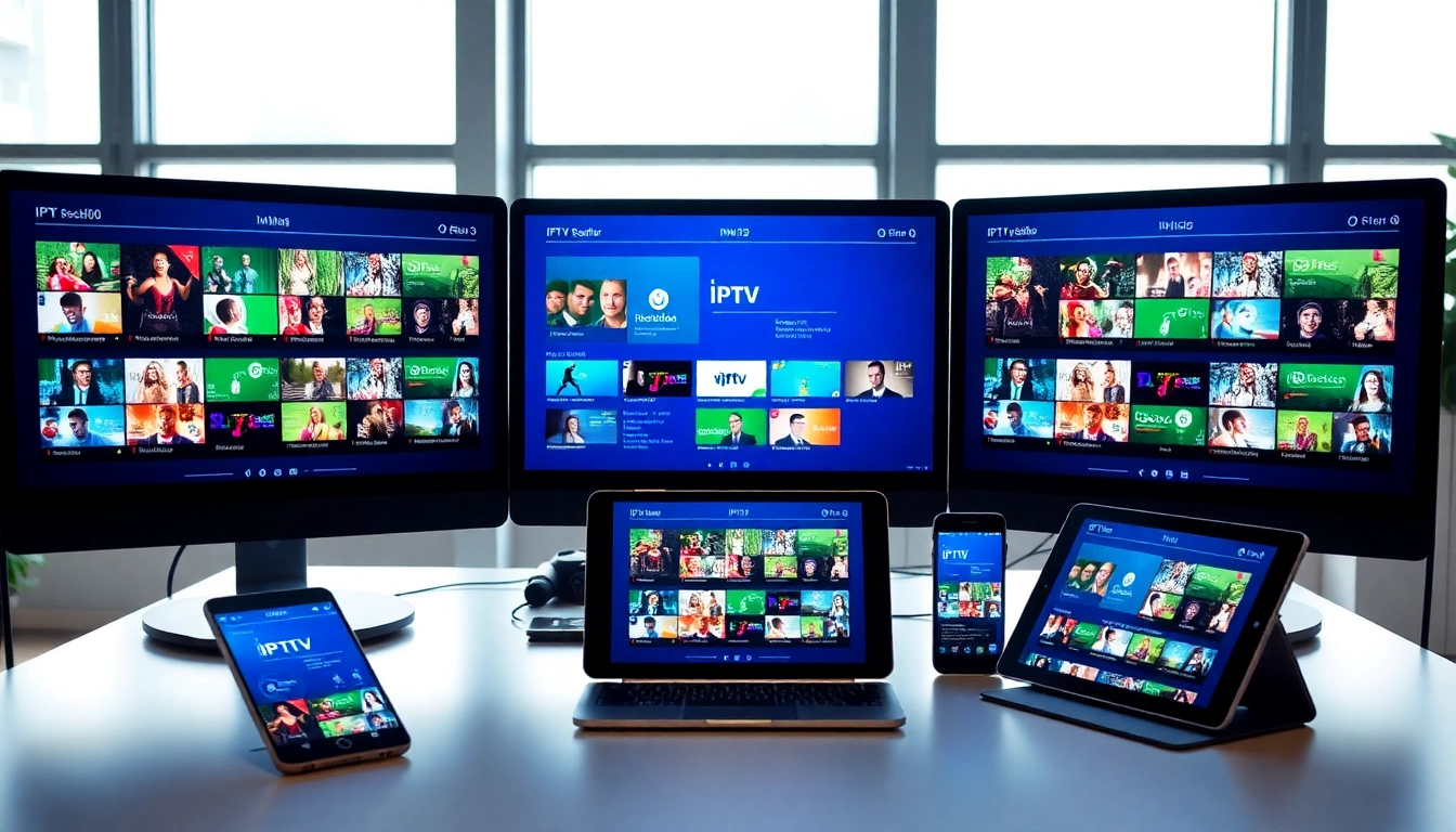 Engaging IPTV reseller workspace with screens showcasing services, capturing the essence of streaming.