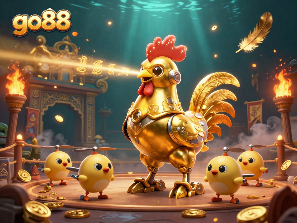 Engage in thrilling action with go88 as the golden rooster robot leads a dynamic casino scene.