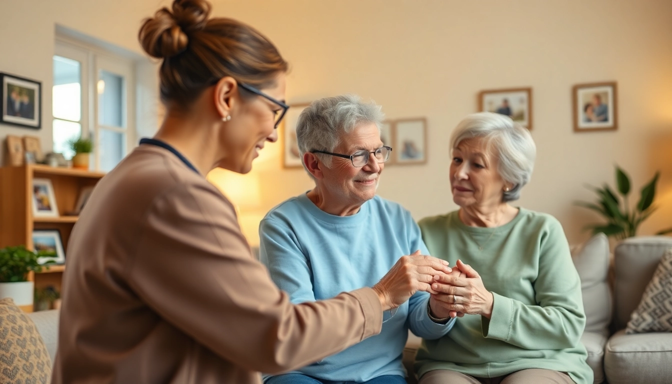 Care at home depicted by a caregiver assisting an elderly individual in a warm, homely environment.