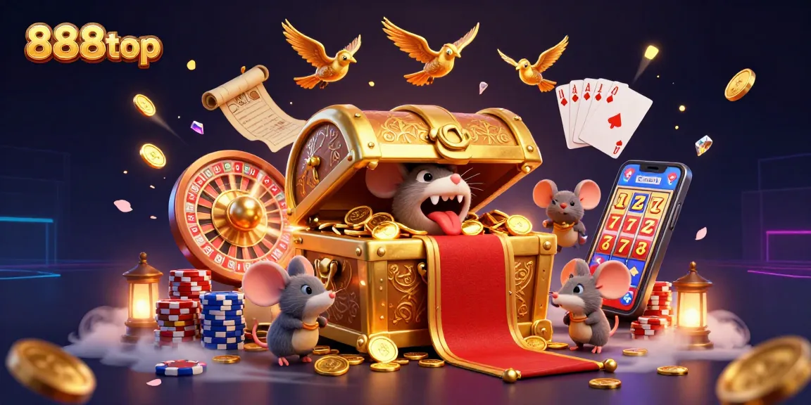 Join the exciting world of 888top with a vibrant illustration featuring wealth, games, and dynamic casino elements.