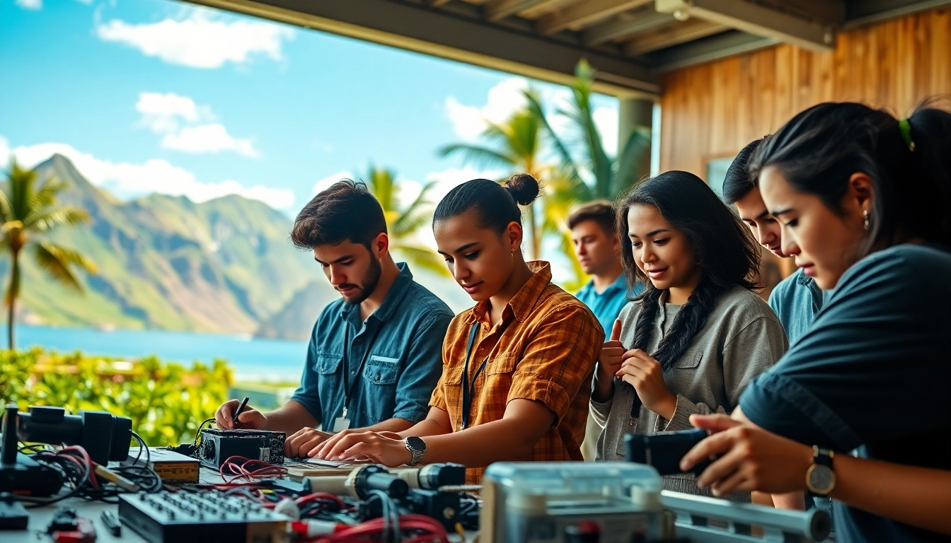 Students engaged in hands-on learning at hawaii trade schools, showcasing trade skills in a vibrant setting.
