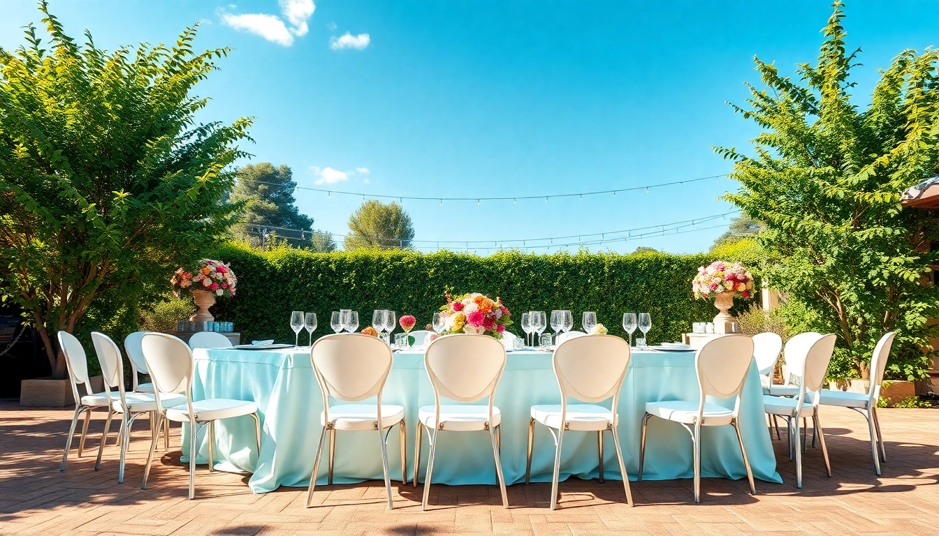 Elegant table & chair rentals for an outdoor event with floral decorations.