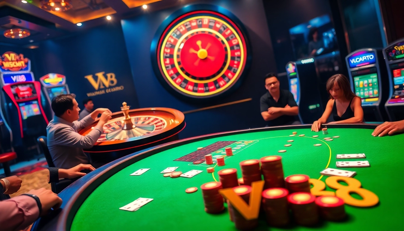 Players engaged in a thrilling VN88 casino experience at a vibrant poker table.