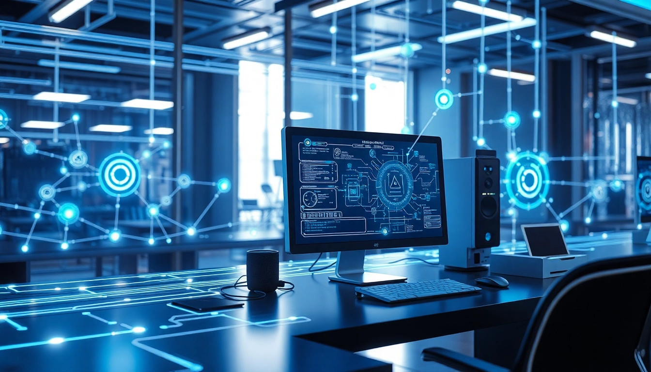 Enhance understanding of Technology in a bright, modern workspace depicting advanced circuits and holographic displays.